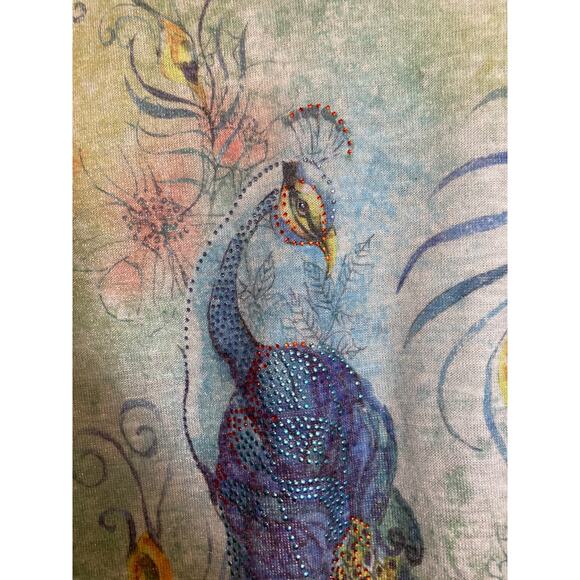 Studio Gem Q. Tunic Top Womens Large Turquoise Peacock Print Flowy Artsy Sequin - Picture 3 of 13